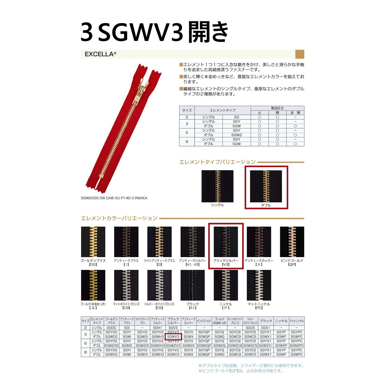 3SGWV3ORCA2 サンプル 3号 ブラックニッケル ダブル 開き CA2 「エクセラ」ファスナー
