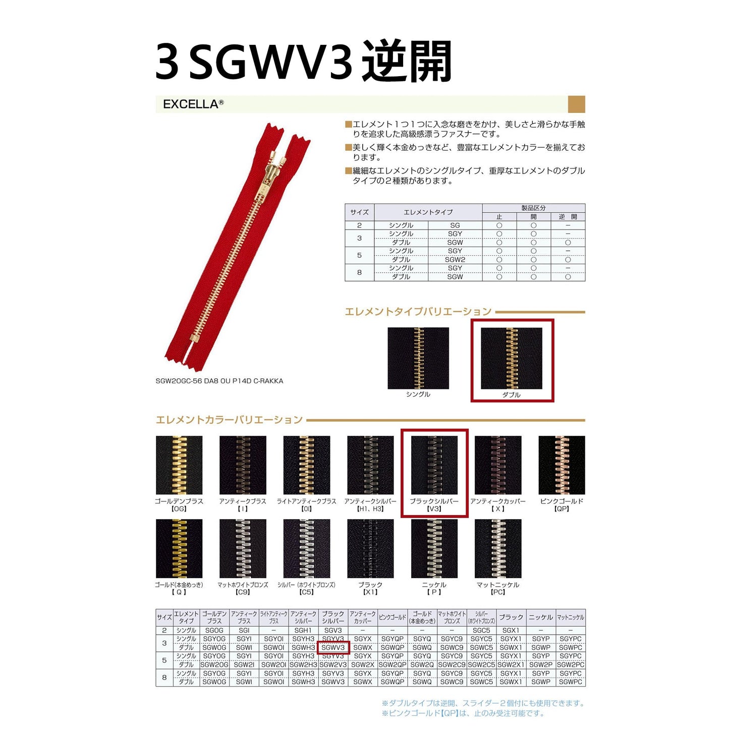 3SGWV3MRDA2E メーカー発注 3号 ブラックニッケル ダブル 逆開 DA2E 「エクセラ」ファスナー